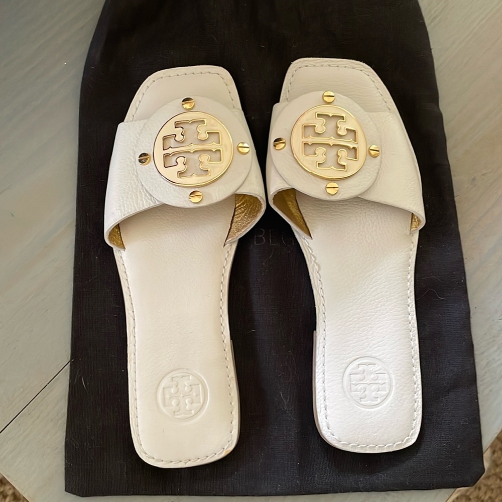 Tory Burch White & Gold Slides